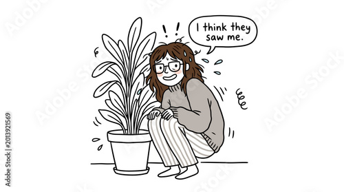 Valokuva Nervous woman hiding behind houseplant fearing she has been seen by others