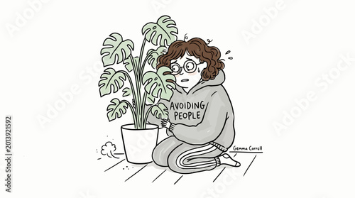Foto Illustration of woman in hoodie with slogan avoiding people hiding behind plant