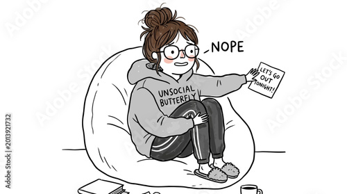 Tableau sur toile Introvert woman holding sign saying nope to going out tonight.