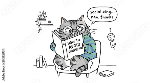 Foto Funny cat reading book on how to avoid conversations with social anxiety