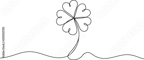 Minimalist line art shamrock, heart shaped leaves, simple black outline, St. Patrick's Day icon, vector illustration