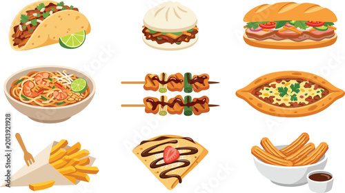 World Street Food Illustration Set with Taco Bao Bun Sandwich Noodle Kebab Pide Fries Crepe and Churros for International Menu and Food Design
