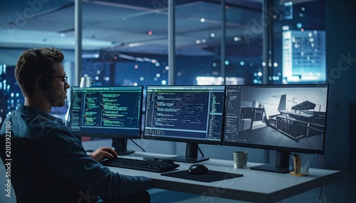 Tech Workspace Illustration Highlighting Coding Cybersecurity Digital Design and Professional Innovation Concept