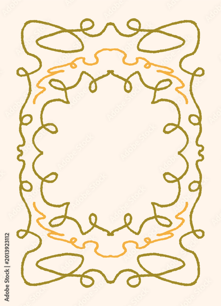 Fototapeta premium Ornate green and yellow Frame with hand drawn leafy loops, abstract floral Border and blank center. Greeting card, Invitation, Template, Wallpaper design, isolated Flat Vector Illustration.