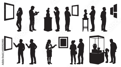 Konstfotografi Comprehensive set of black silhouettes depicting art gallery visitors and museum patrons in various poses like viewing paintings, sketching, guided tours, family visits, and admiring sculptures