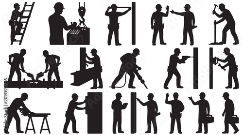 Comprehensive black silhouette set of construction workers in diverse professional poses such as operating heavy machinery, drilling, sawing wood, measuring, hammering, and carrying toolboxes