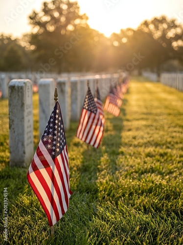 Row of American flags by gravestones in a cemetery at sunset, creating a solemn, respectful scene.