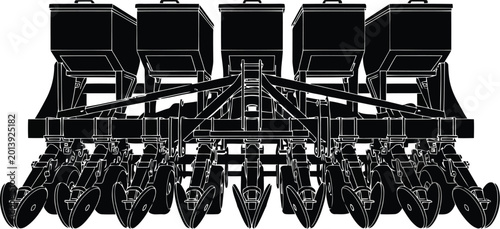 Bild auf Leinwand Agricultural planter machine for farming seeding row crop planting equipment mechanical industrial vehicle silhouette