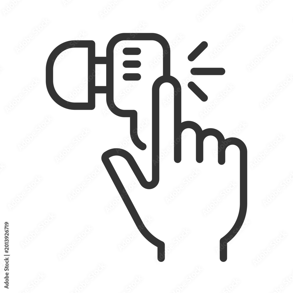 Fototapeta premium Hand with earphone pixel perfect linear icon. Finger tapping key on audio device. Wireless gadget for music listening. Thin line illustration. Contour symbol. Vector outline drawing. Editable stroke