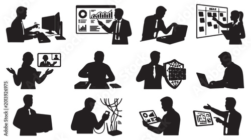 Comprehensive black silhouette set of 12 IT professionals and tech experts in diverse work poses including software coding, data analysis, network engineering, agile management, and cybersecurity