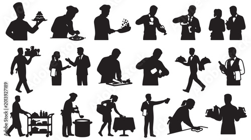 Foto Comprehensive black silhouette set of professional restaurant staff in diverse hospitality poses like chefs cooking, waiters serving, bartenders mixing, sommeliers pouring wine, and cleaning team