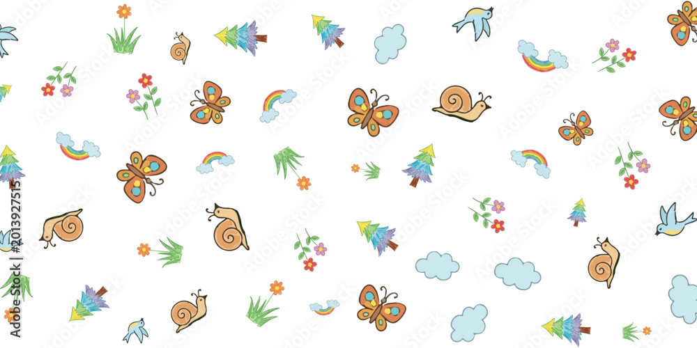 Naklejka premium Cute Cartoon Nature Elements Seamless Pattern Illustration