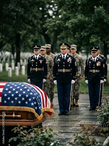 A military funeral procession with honor guard soldiers standing solemnly by the flag-draped casket, honoring the fallen.