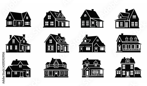 Εκτύπωση καμβά collection of black silhouette residential house icons traditional suburban home