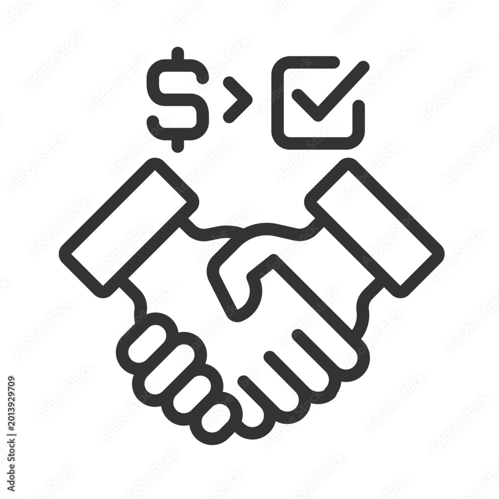 Fototapeta premium 2D pixel perfect thin line icon of people handshaking with dollar and checkmark sign, isolated vector illustration of partnership.
