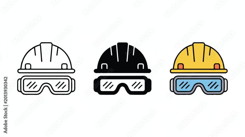 Fototapeta premium Three safety helmets with goggles icons are shown side by side