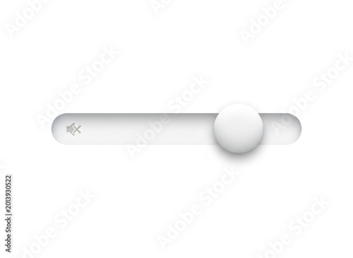 Volume slider with mute icon on white background. Interactive user interface element for adjusting sound levels. Minimalist web design component for digital device media control.