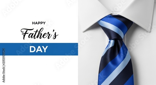 Happy Father's Day celebration with blue striped tie and white shirt detail