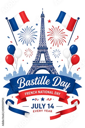 Bastille Day, the French national celebration, with Eiffel Tower fireworks and French flags illustration