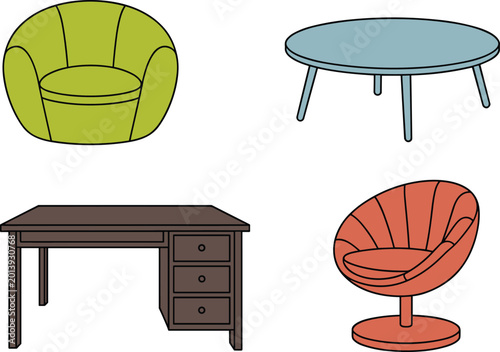 Billede på lærred Furniture illustration showing colorful interior design pieces including armchai