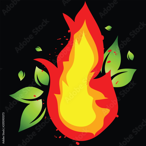 Flame and leaves on the black