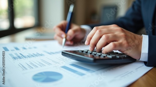 Manos de un contable profesional revisando informes financieros impresos con calculadora y bolígrafo