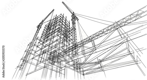 Architectural sketch of a large construction project with cranes and scaffolding in black and white