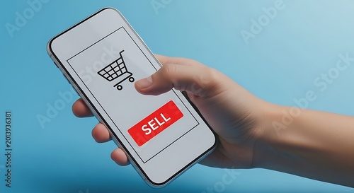 Hand holding a smartphone with a shopping cart icon and sell button on screen, mobile phone
