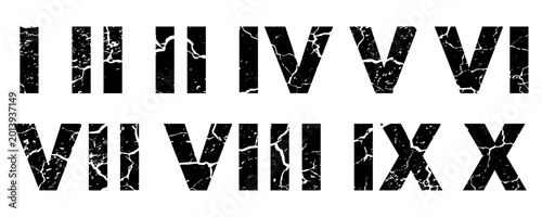 Foto Roman numerals grunge set featuring distressed numbers from one to ten with heavy cracked texture and weathered effect for vintage typography, military style design, and industrial vector artwork
