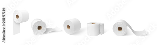 White toilet paper or hygiene tissue roll mock up 3D vector set, realistic bathroom sanitary napkin scroll, carton spool