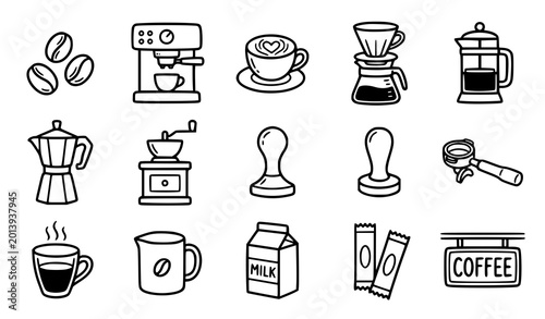 Foto Coffee brewing equipment collection line art icons and illustrations