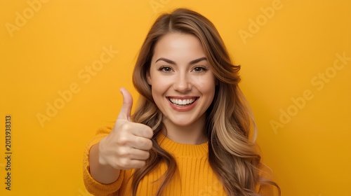 Radiant young woman smiles brightly and shows a positive thumbs-up gesture, expressing approval and satisfaction