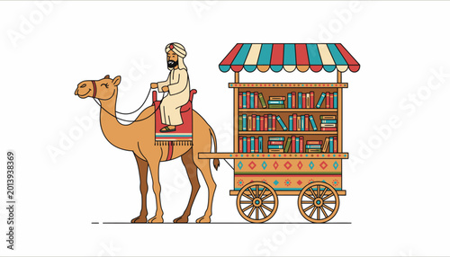 Bild auf Leinwand Arab Man Riding Camel Pulling Mobile Library Book Cart