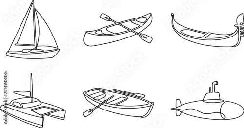 Cuadro en lienzo Collection of six distinct watercraft line drawings isolated on a clean white ba