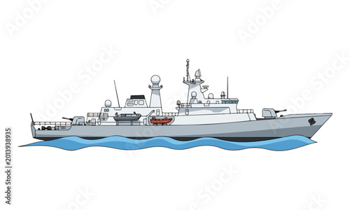 Bilde på lerret Modern Military Warship Illustration Sailing on Sea Waves