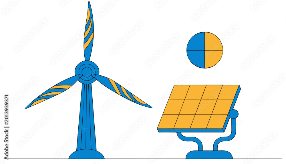 Αυτοκόλλητο Renewable Energy: A striking illustration showcases the harmony of clean energy sources with a wind turbine and solar panel, representing sustainability and a greener future