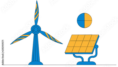 Φωτογραφία Renewable Energy: A striking illustration showcases the harmony of clean energy sources with a wind turbine and solar panel, representing sustainability and a greener future