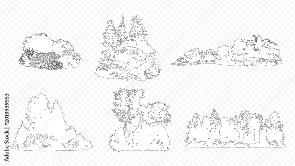 Obraz premium Architectural Drawings, Minimal style cad tree line drawing, Side view, set of section wetland forest outline for landscape design drawing. 