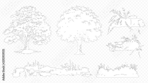 Photos Architectural Drawings, Minimal style cad tree line drawing, Side view, set of section wetland forest outline for landscape design drawing