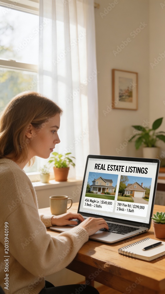Obraz premium A woman in a bright room, sitting at a wooden desk, browsing real estate listings on her laptop with a cup of coffee nearby, surrounded by plants and natural light.