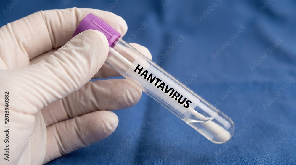 Obraz premium Medical Professional Holding a Test Tube Sample Labeled Hantavirus for Diagnostic Laboratory Testing