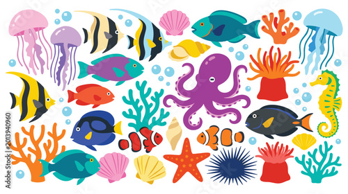 Photography Colorful underwater ocean life with marine animals and coral.