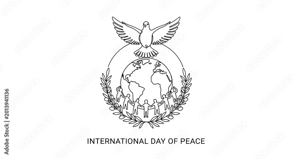 Fototapeta premium International Day of Peace line art illustration with globe and dove.