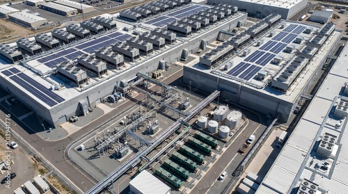 Aerial View of a Modern Hyperscale Data Center Campus with Integrated Rooftop Solar Panels and Complex Industrial Cooling Infrastructure for Sustainable Cloud Computing and AI