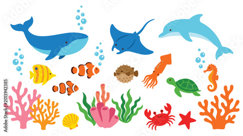 Photography Cute cartoon sea animals with colorful coral reef and water bubbles set