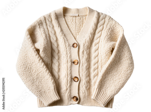 Принти на полотні Isolated comfy stylish off-white cable knit cardigan sweater with natural wooden