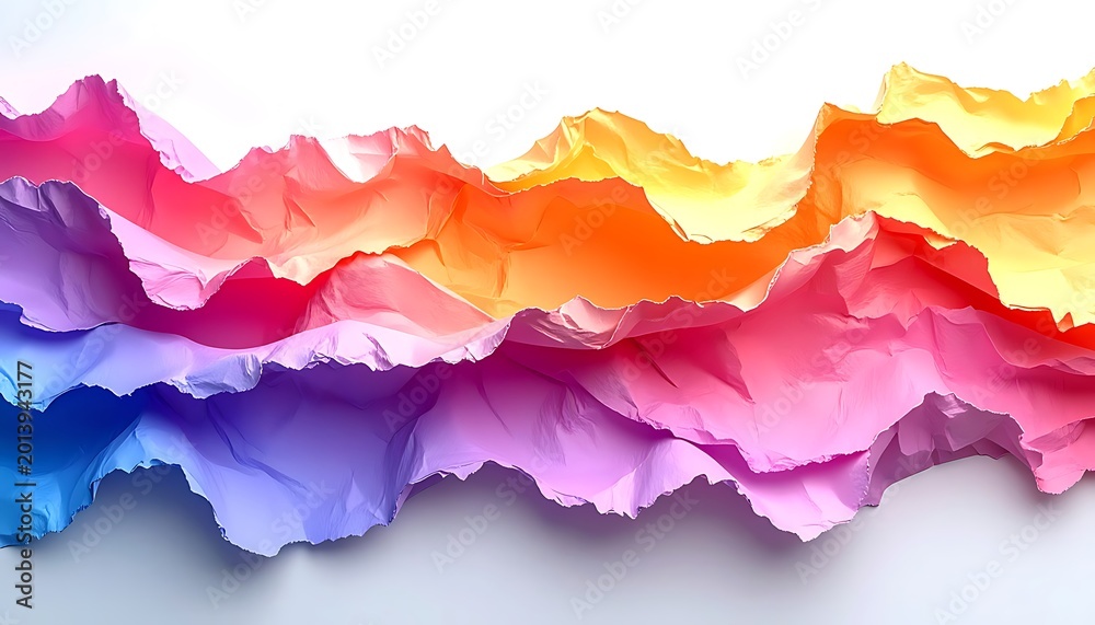Obraz premium abstract layered paper waves in vibrant rainbow gradient, colorful jagged edges, soft focus background, texture overlay, digital art