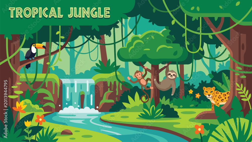 Fototapeta premium Tropical jungle landscape with wild animals, exotic rainforest background with waterfall, flat vector nature illustration