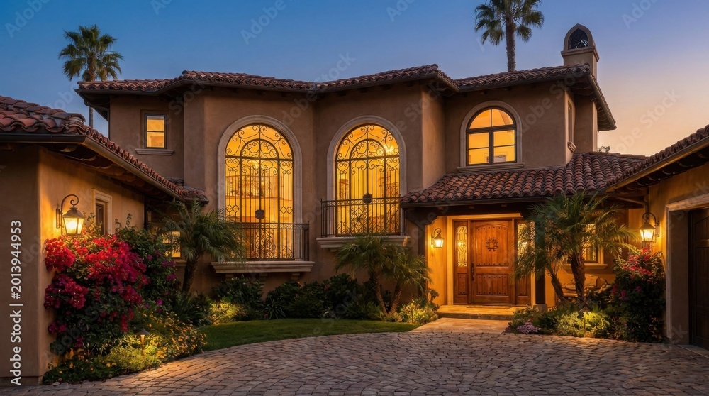 Obraz premium Luxury Mediterranean home with arched windows illuminated at dusk