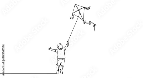 Continuous one line drawing of a happy child playing with a kite.